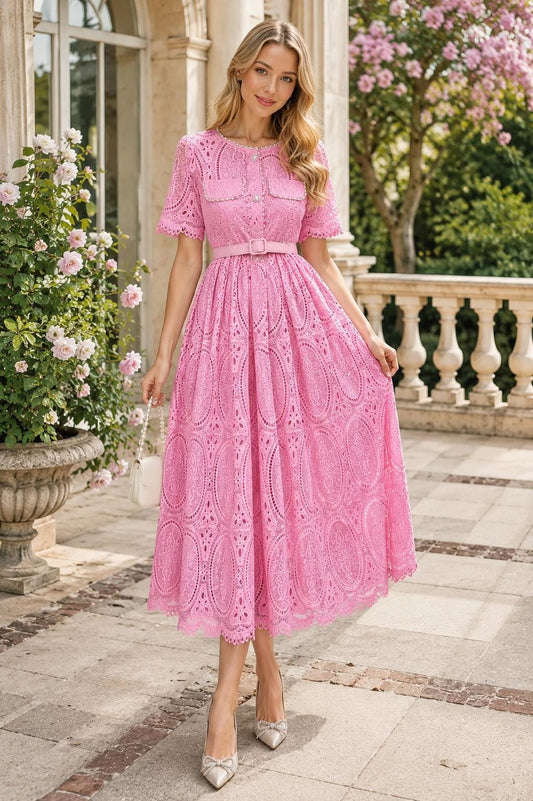 Round Neck Lace Dress High Waist A-Line Heavy Embellishment Ball Gown Summer Women