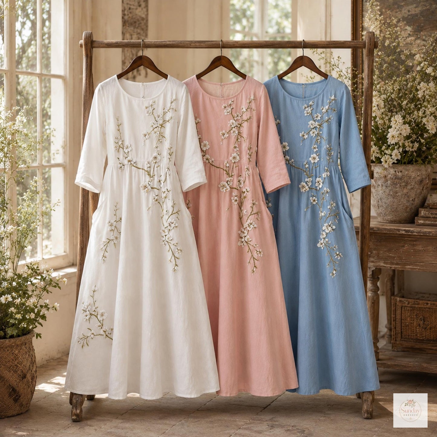 Floral Print Maxi Dress with Pockets, Cottagecore Summer Dress, 3/4 Sleeve Flowy Garden Party Dress