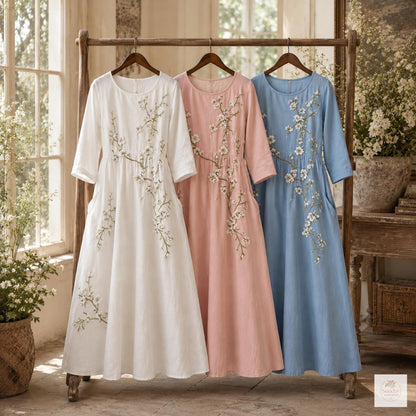 Floral Print Maxi Dress with Pockets, Cottagecore Summer Dress, 3/4 Sleeve Flowy Garden Party Dress