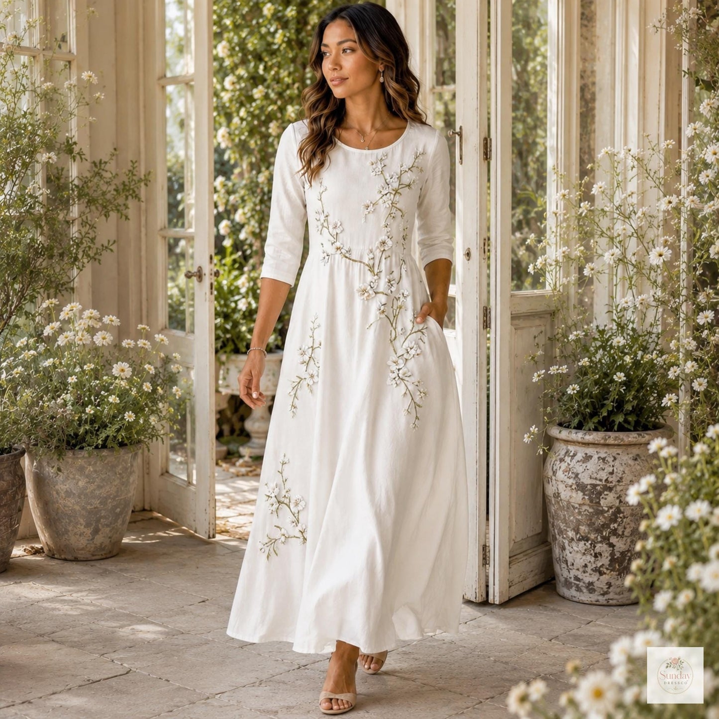 Floral Print Maxi Dress with Pockets, Cottagecore Summer Dress, 3/4 Sleeve Flowy Garden Party Dress