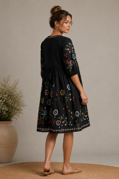 Midi Dress, Colorful Floral Embroidery , Bohemian Folk Style , Loose Fit , Festival Outfit