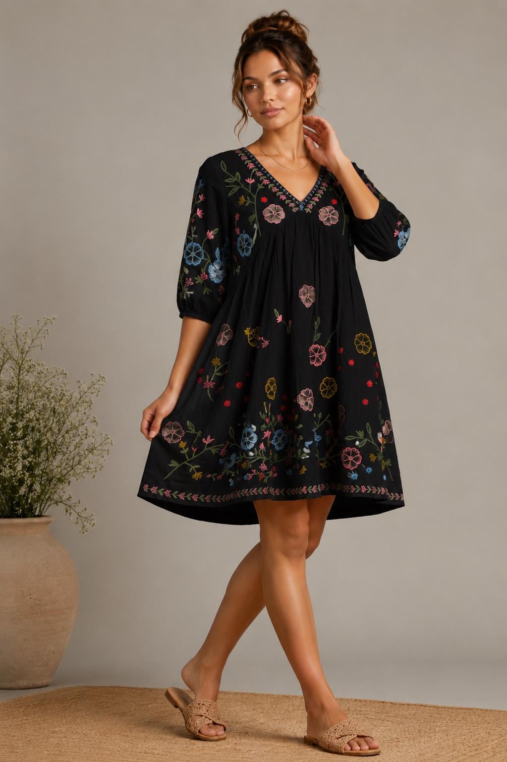Midi Dress, Colorful Floral Embroidery , Bohemian Folk Style , Loose Fit , Festival Outfit
