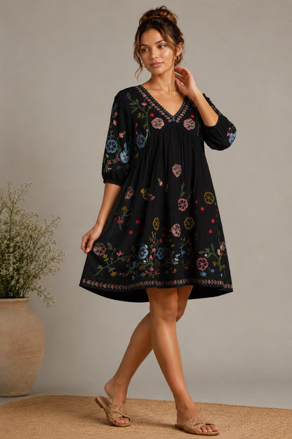 Midi Dress, Colorful Floral Embroidery , Bohemian Folk Style , Loose Fit , Festival Outfit