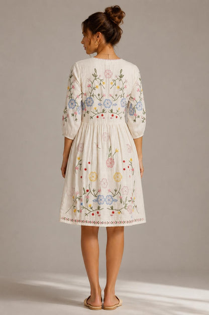 Midi Dress, Colorful Floral Embroidery , Bohemian Folk Style , Loose Fit , Festival Outfit