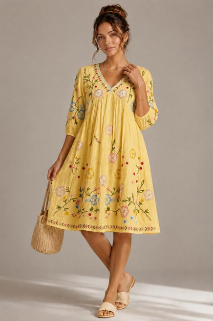 Midi Dress, Colorful Floral Embroidery , Bohemian Folk Style , Loose Fit , Festival Outfit