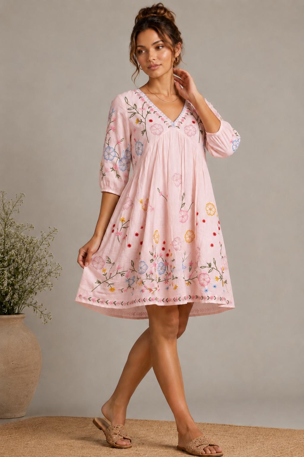 Midi Dress, Colorful Floral Embroidery , Bohemian Folk Style , Loose Fit , Festival Outfit