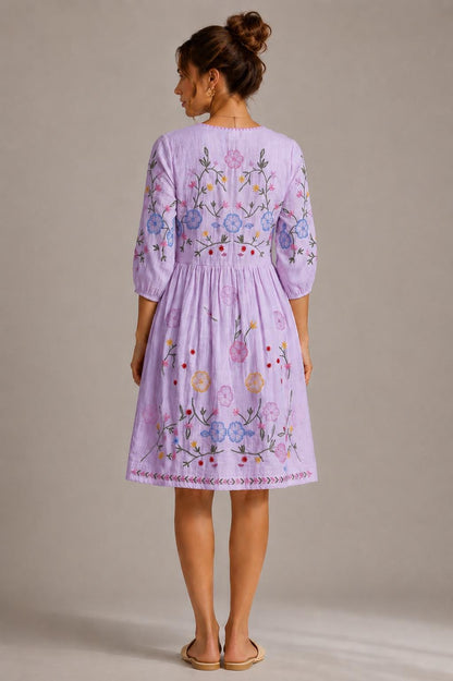 Midi Dress, Colorful Floral Embroidery , Bohemian Folk Style , Loose Fit , Festival Outfit