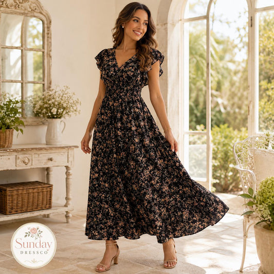 Floral Maxi Dress Smocked Waist - Flutter Sleeve Dress, Women's Clothing, Summer Outfit