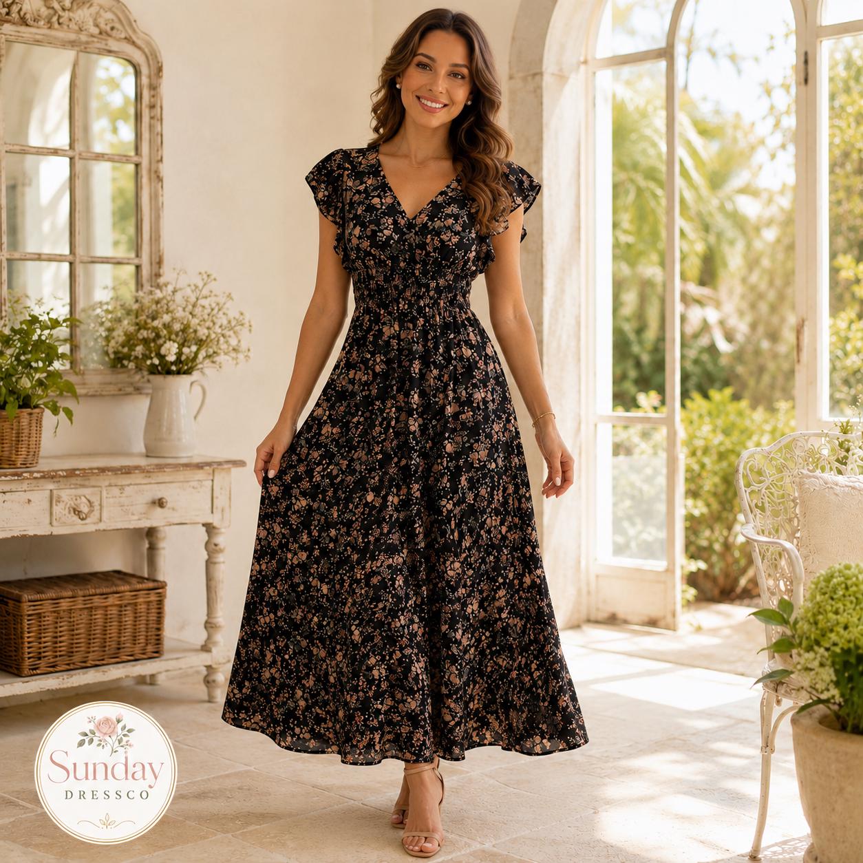 Floral Maxi Dress Smocked Waist - Flutter Sleeve Dress, Women's Clothing, Summer Outfit