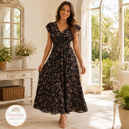 Floral Maxi Dress Smocked Waist - Flutter Sleeve Dress, Women's Clothing, Summer Outfit