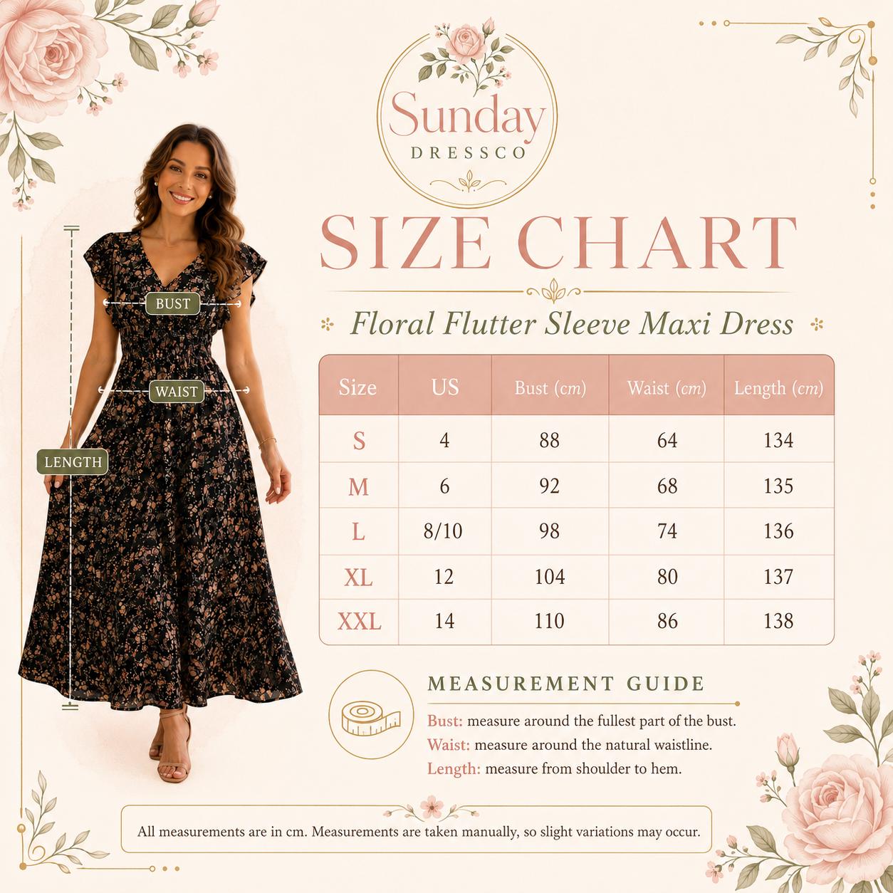 Floral Maxi Dress Smocked Waist - Flutter Sleeve Dress, Women's Clothing, Summer Outfit