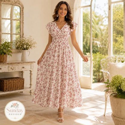 Floral Maxi Dress Smocked Waist - Flutter Sleeve Dress, Women's Clothing, Summer Outfit