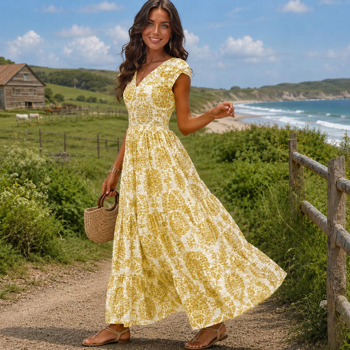 Boho Floral Maxi Dress for Women, Elegant Summer Dress, Flowy Cottagecore Dress, Vacation Outfit, Garden Party Dress, Wedding Guest Dress
