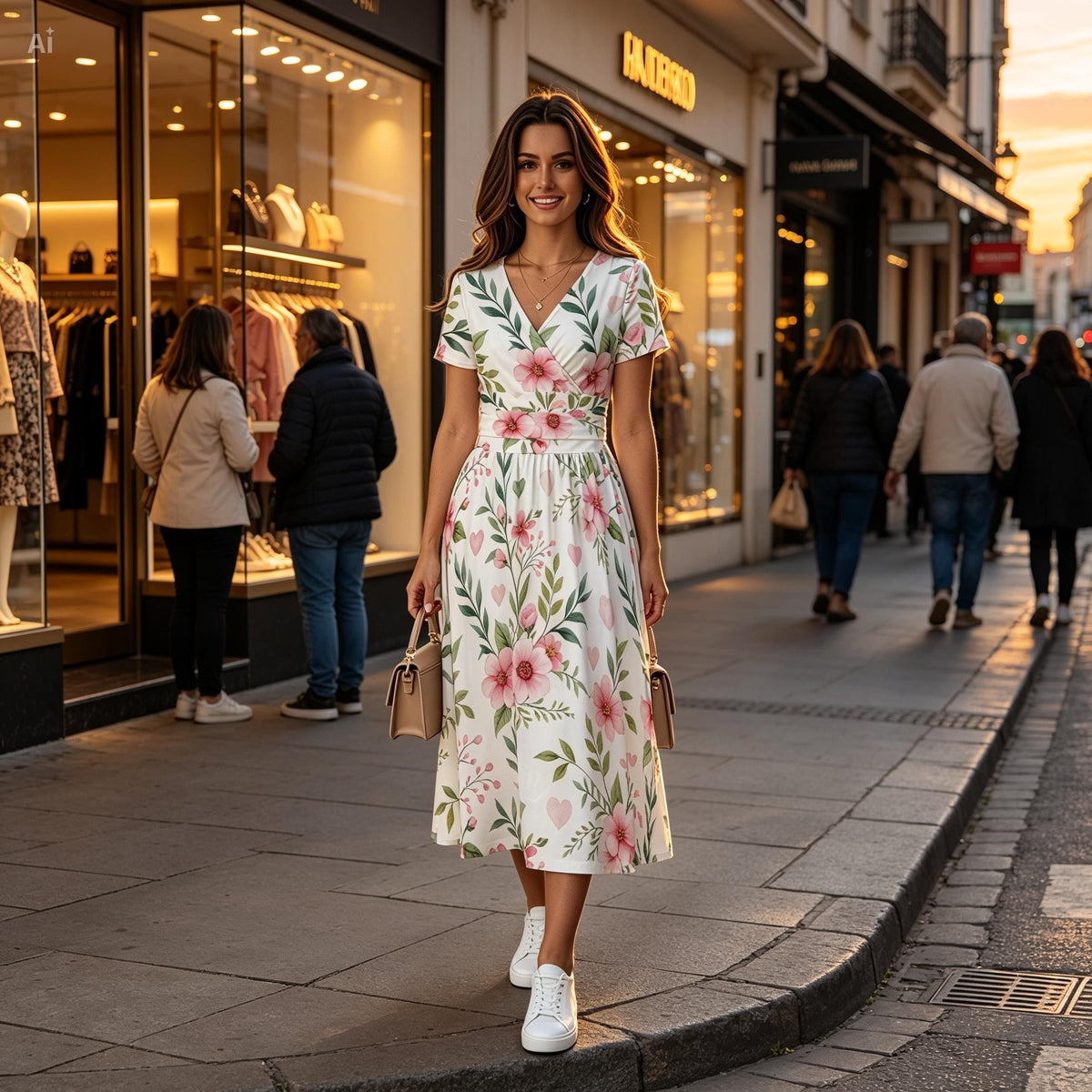 Floral Midi Dress – Elegant V Neck Summer Dress