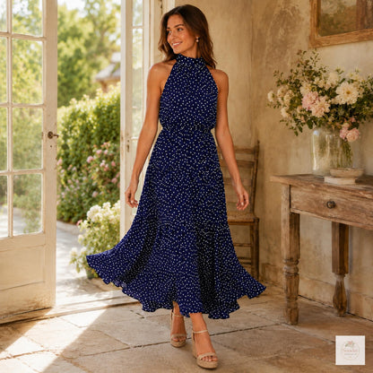 Polka Dot Maxi Dress - Halter Summer Dress, Women's Clothing, Garden Party Outfit