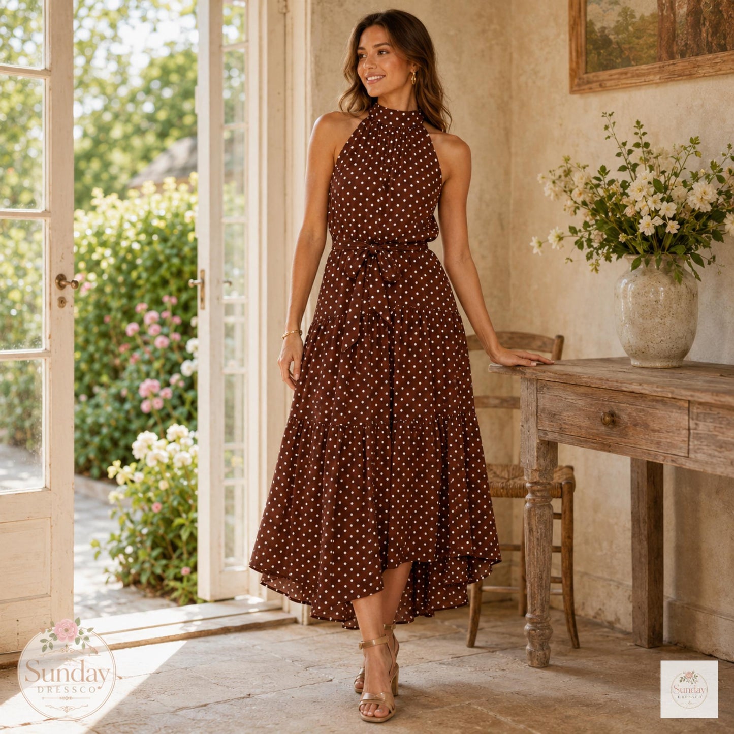 Polka Dot Maxi Dress - Halter Summer Dress, Women's Clothing, Garden Party Outfit