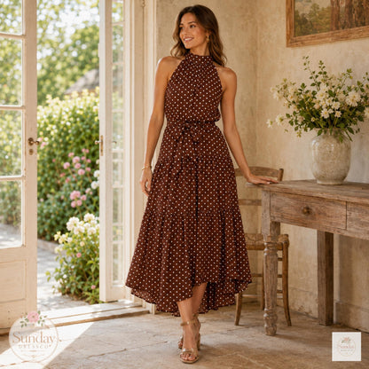 Polka Dot Maxi Dress - Halter Summer Dress, Women's Clothing, Garden Party Outfit