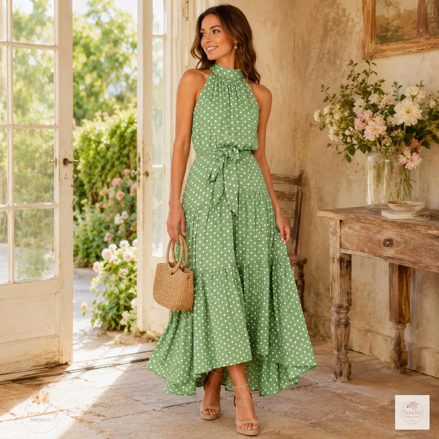 Polka Dot Maxi Dress - Halter Summer Dress, Women's Clothing, Garden Party Outfit