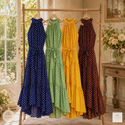 Polka Dot Maxi Dress - Halter Summer Dress, Women's Clothing, Garden Party Outfit