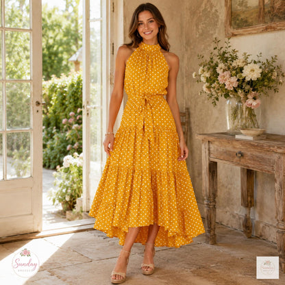 Polka Dot Maxi Dress - Halter Summer Dress, Women's Clothing, Garden Party Outfit