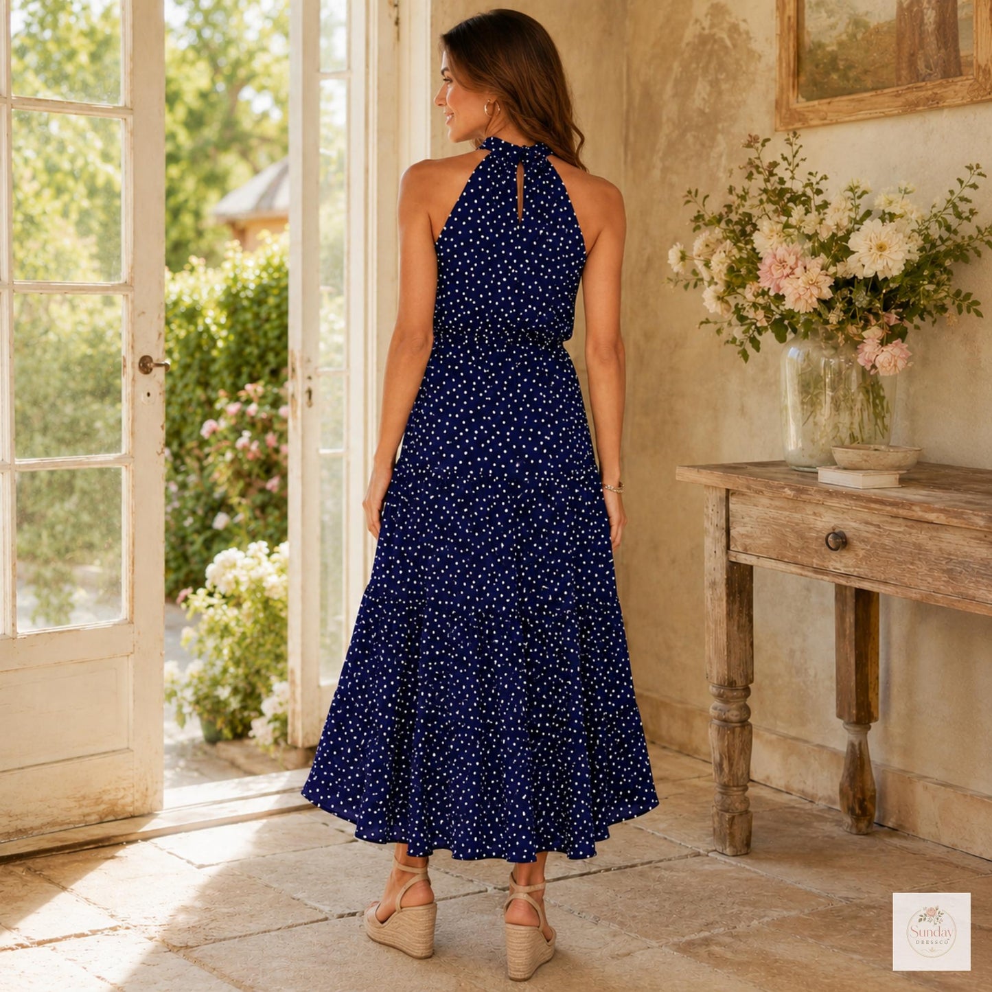 Polka Dot Maxi Dress - Halter Summer Dress, Women's Clothing, Garden Party Outfit