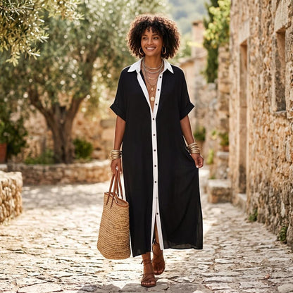 Women Button Shirt Dress, Summer Maxi Dress, Loose Beach Dress, Casual Vacation Dress, Short Sleeve Resort Dress, Oversized Boho Cover Up