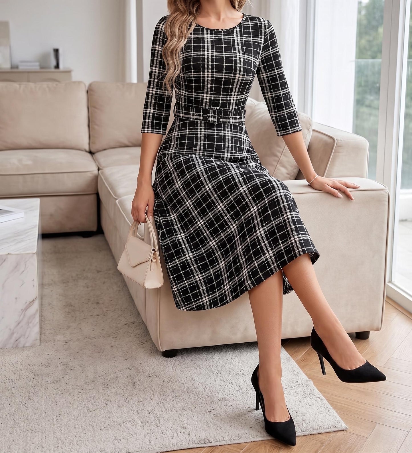 Elegant Floral Midi Dress for Women – Slim Fit Belted Party Dress