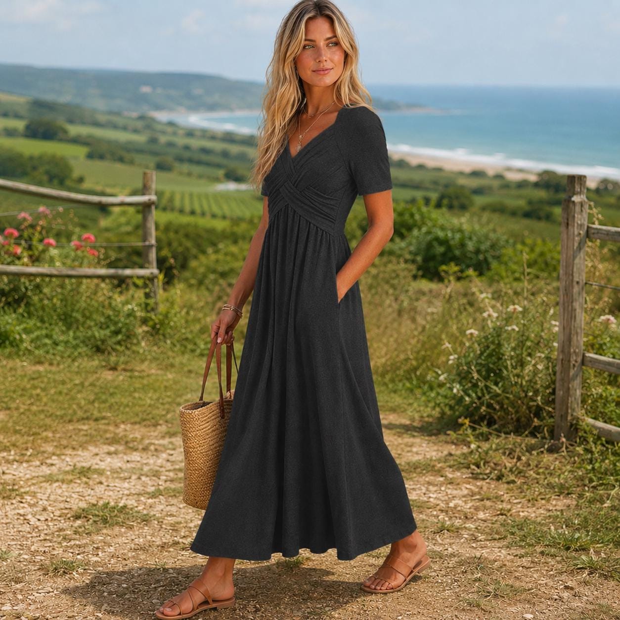 Boho Maxi Dress for Women, Flowy V Neck Dress, Elegant Summer Dress, Loose Fit Long Dress, Casual Vacation Outfit, Cottagecore Dress