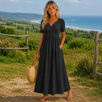 Boho Maxi Dress for Women, Flowy V Neck Dress, Elegant Summer Dress, Loose Fit Long Dress, Casual Vacation Outfit, Cottagecore Dress