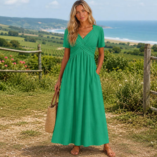 Boho Maxi Dress for Women, Flowy V Neck Dress, Elegant Summer Dress, Loose Fit Long Dress, Casual Vacation Outfit, Cottagecore Dress