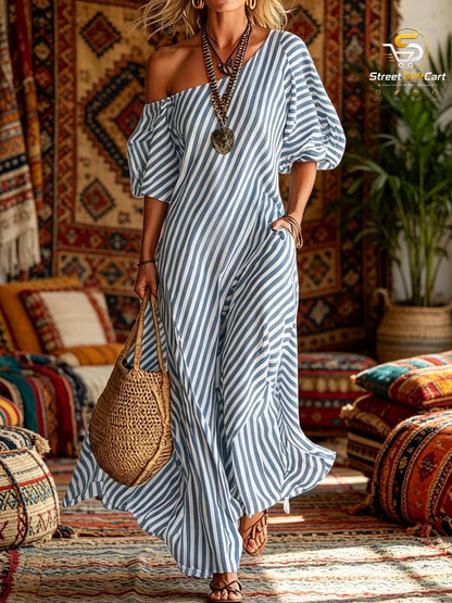 Striped Asymmetrical Maxi Dress with Puff Sleeves, Boho Resort Wear and Summer Vacation Outfit