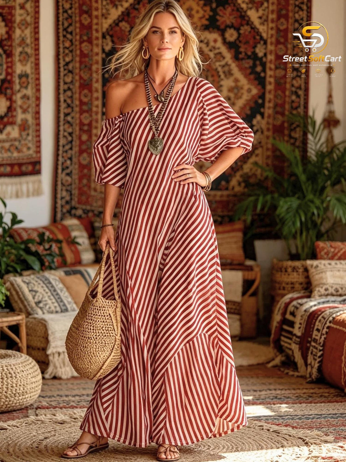 Striped Asymmetrical Maxi Dress with Puff Sleeves, Boho Resort Wear and Summer Vacation Outfit