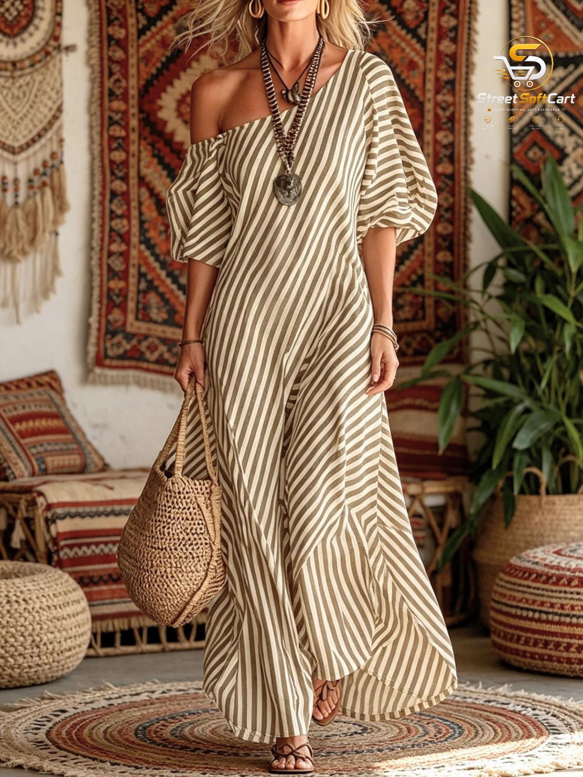 Striped Asymmetrical Maxi Dress with Puff Sleeves, Boho Resort Wear and Summer Vacation Outfit