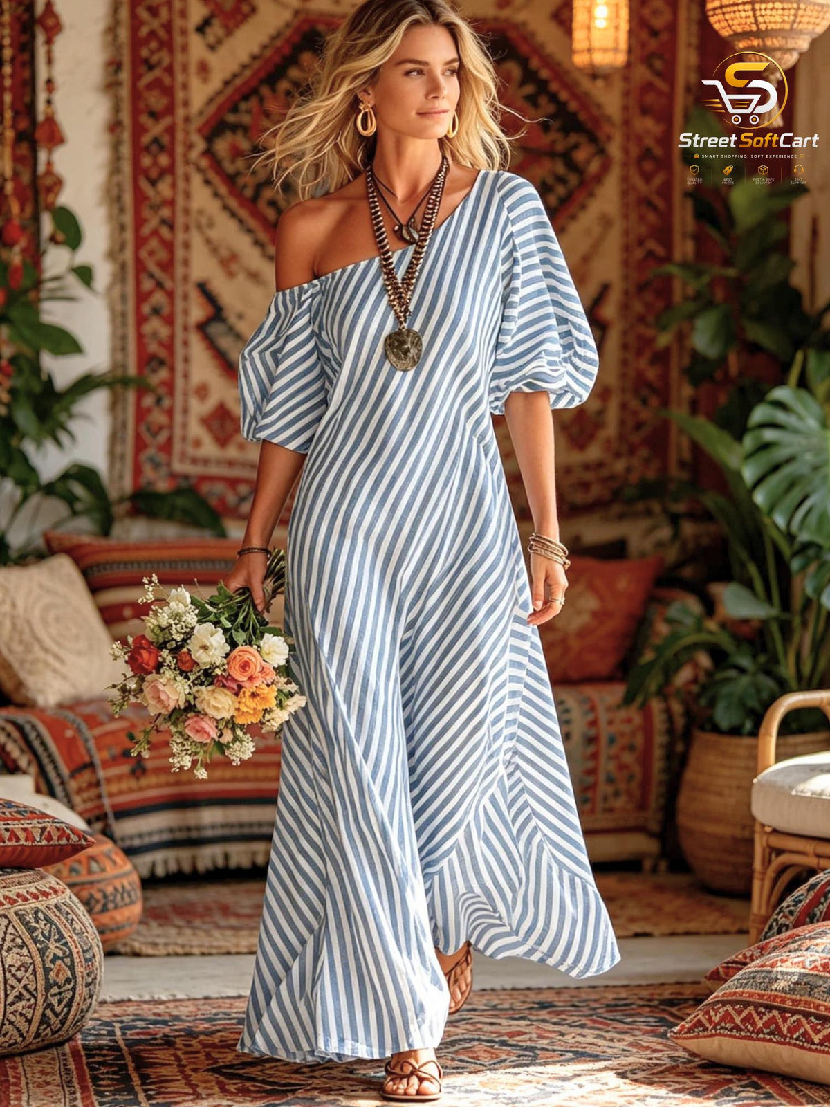Striped Asymmetrical Maxi Dress with Puff Sleeves, Boho Resort Wear and Summer Vacation Outfit