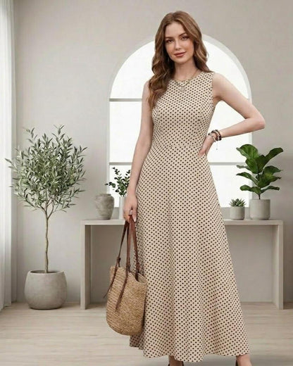 Polka Dot Sleeveless Maxi Dress Crew Neck, Vintage Inspired A Line Sundress, Modest Summer Outfit Elegant Tea Party Gown Classic French Chic