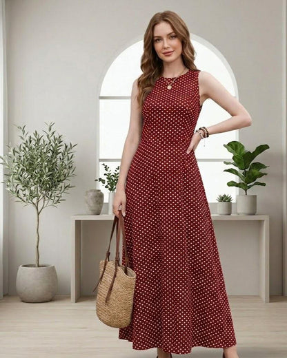 Polka Dot Sleeveless Maxi Dress Crew Neck, Vintage Inspired A Line Sundress, Modest Summer Outfit Elegant Tea Party Gown Classic French Chic
