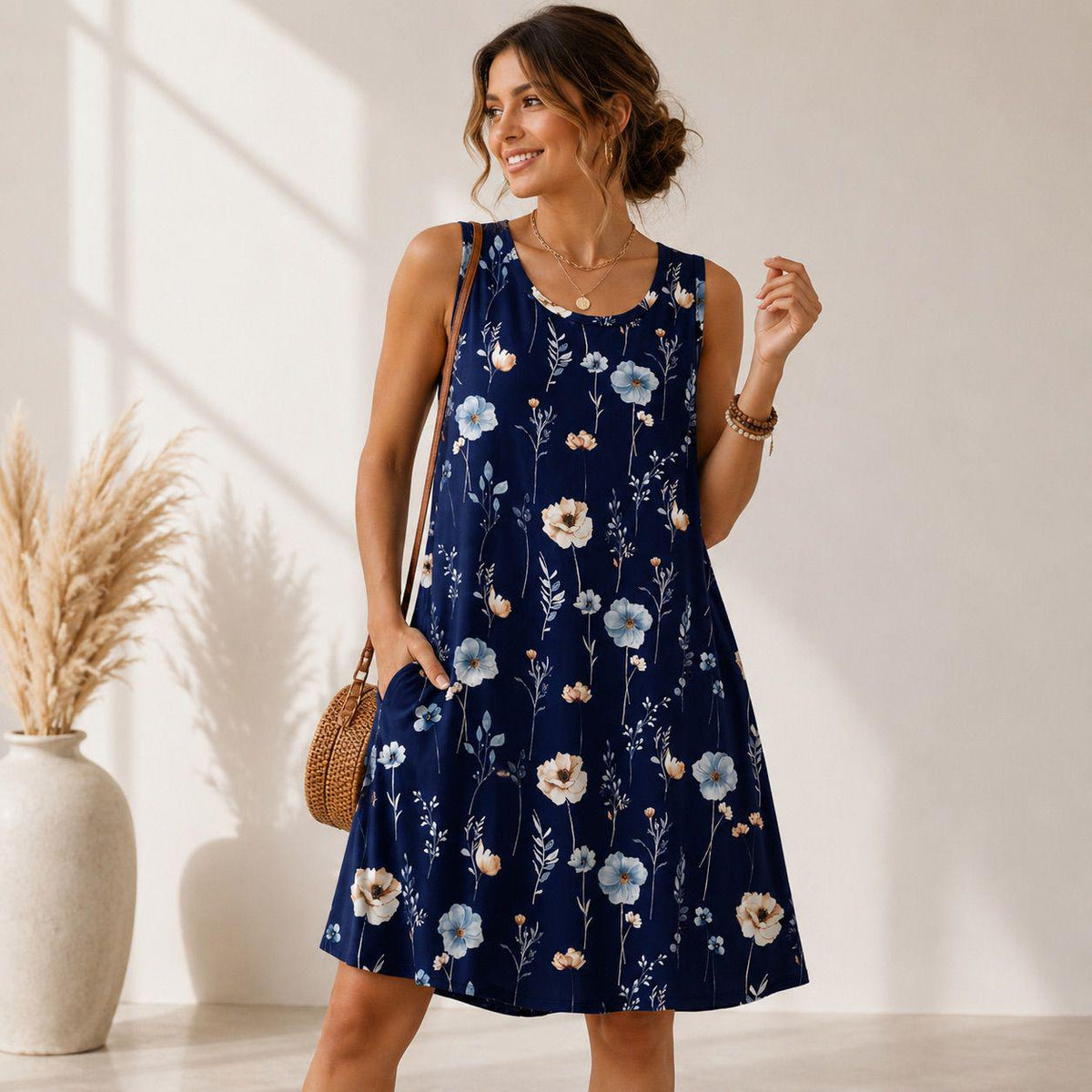 Women's Summer Dress with Pockets, Sleeveless Floral Sundress, Casual Loose Tank Dress, Vacation Beach Outfit, Flowy A Line Dress