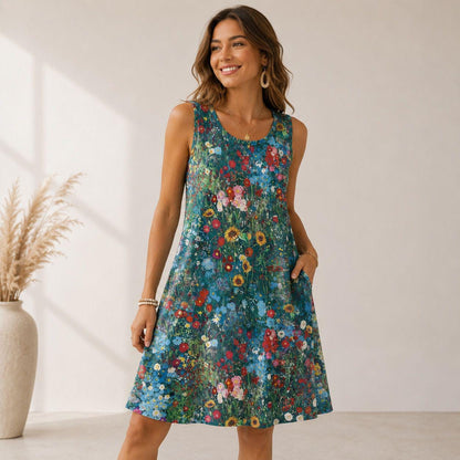 Women's Summer Dress with Pockets, Sleeveless Floral Sundress, Casual Loose Tank Dress, Vacation Beach Outfit, Flowy A Line Dress