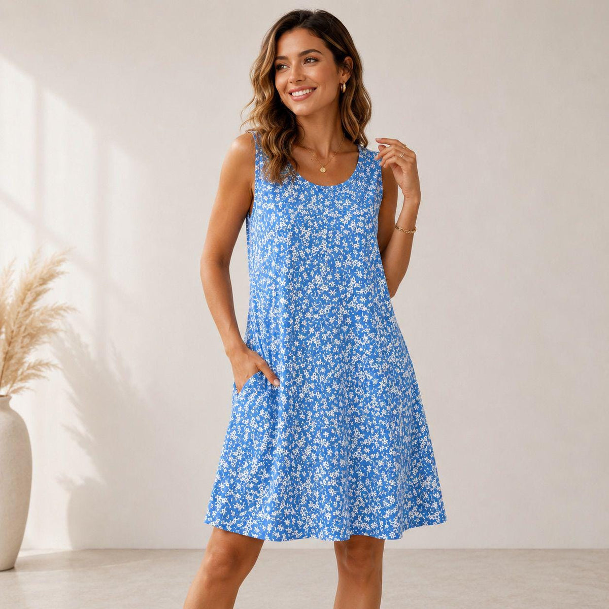 Women's Summer Dress with Pockets, Sleeveless Floral Sundress, Casual Loose Tank Dress, Vacation Beach Outfit, Flowy A Line Dress