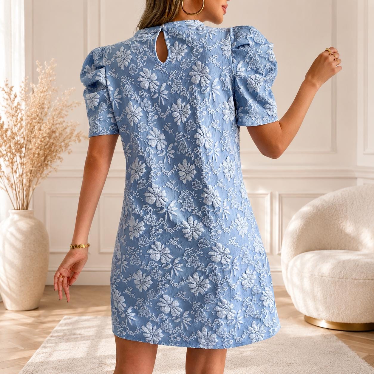 Boho Floral Embroidered Mini Dress Women Puff Sleeve Summer Elegant Knee Length Casual PartyDress