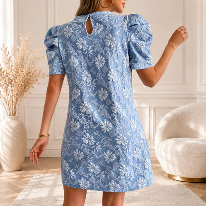 Boho Floral Embroidered Mini Dress Women Puff Sleeve Summer Elegant Knee Length Casual PartyDress