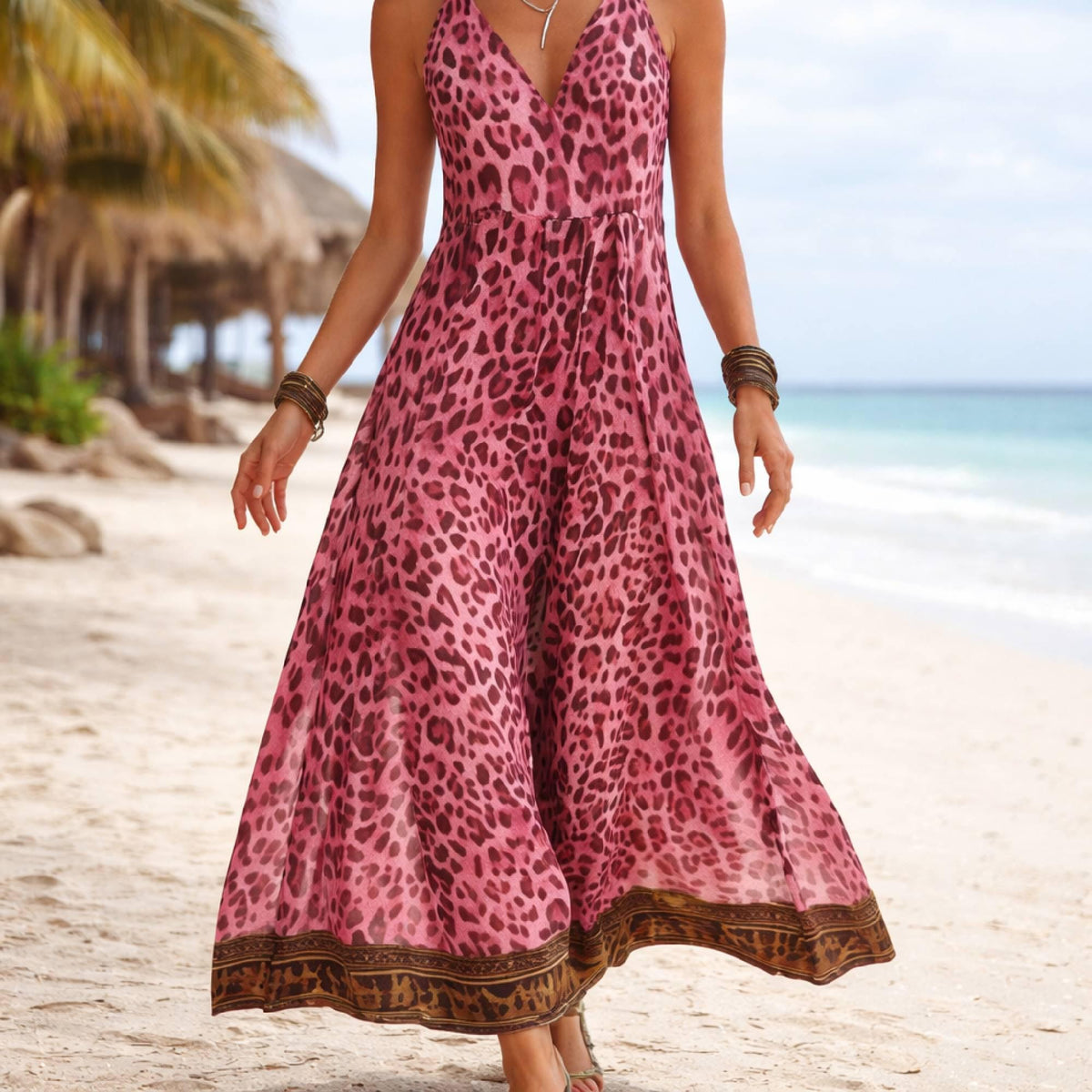 Women's Leopard Print Maxi Dress,Sleeveless V-Neck Boho Summer Dress