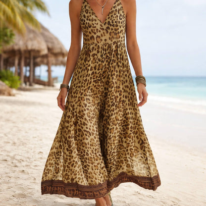 Women's Leopard Print Maxi Dress,Sleeveless V-Neck Boho Summer Dress