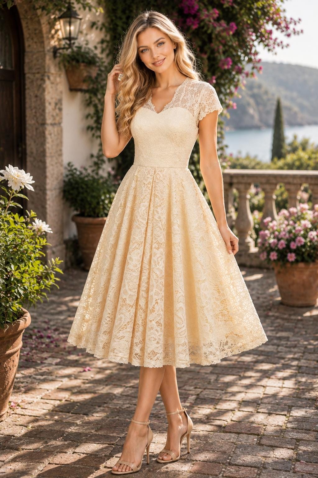 Vintage Scalloped V-Neck Pleated Lace Swing Dress Birthday Evening Prom Party Women