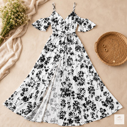 Floral Maxi Dress Cold Shoulder - Summer Gown, Women's Clothing, Vacation Outfit