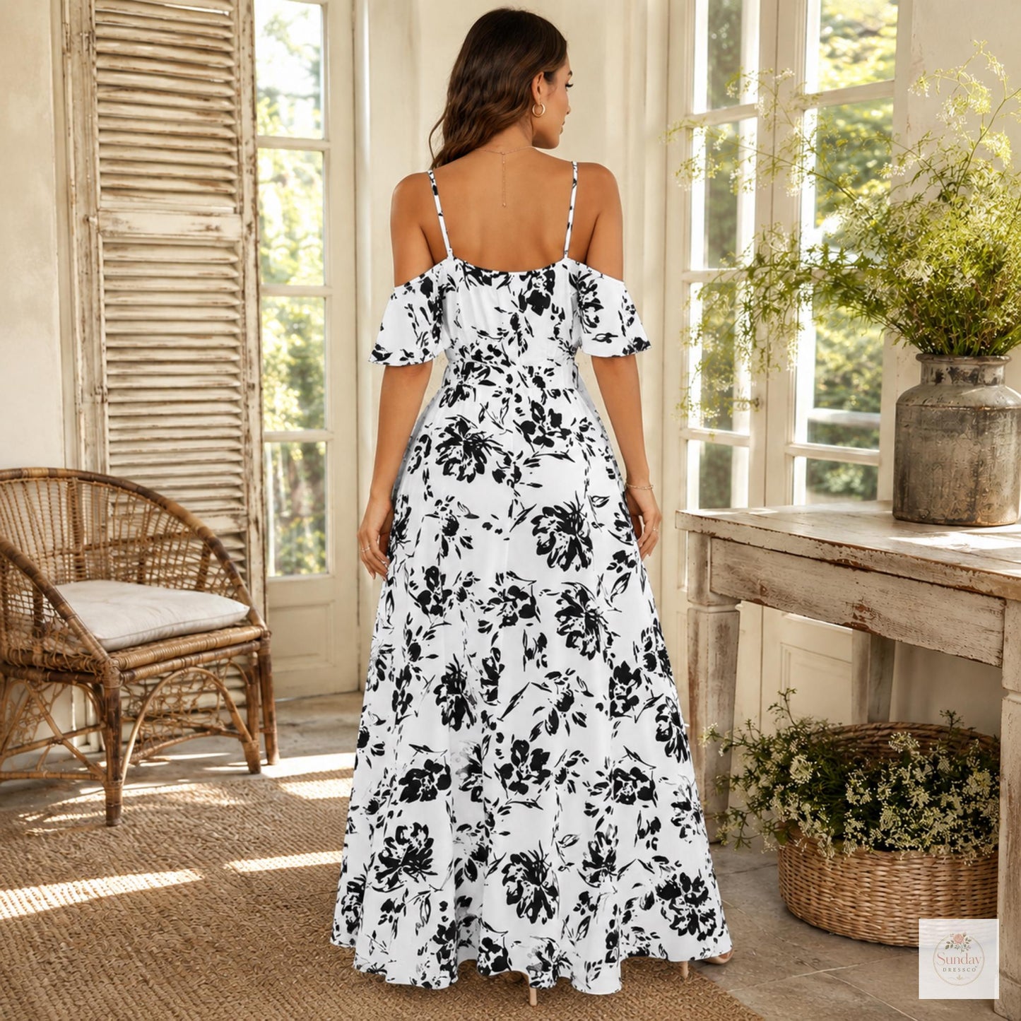 Floral Maxi Dress Cold Shoulder - Summer Gown, Women's Clothing, Vacation Outfit