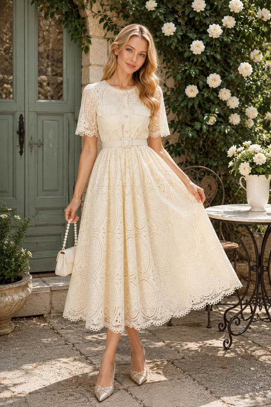 Round Neck Lace Dress High Waist A-Line Heavy Embellishment Ball Gown Summer Women