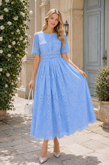 Round Neck Lace Dress High Waist A-Line Heavy Embellishment Ball Gown Summer Women