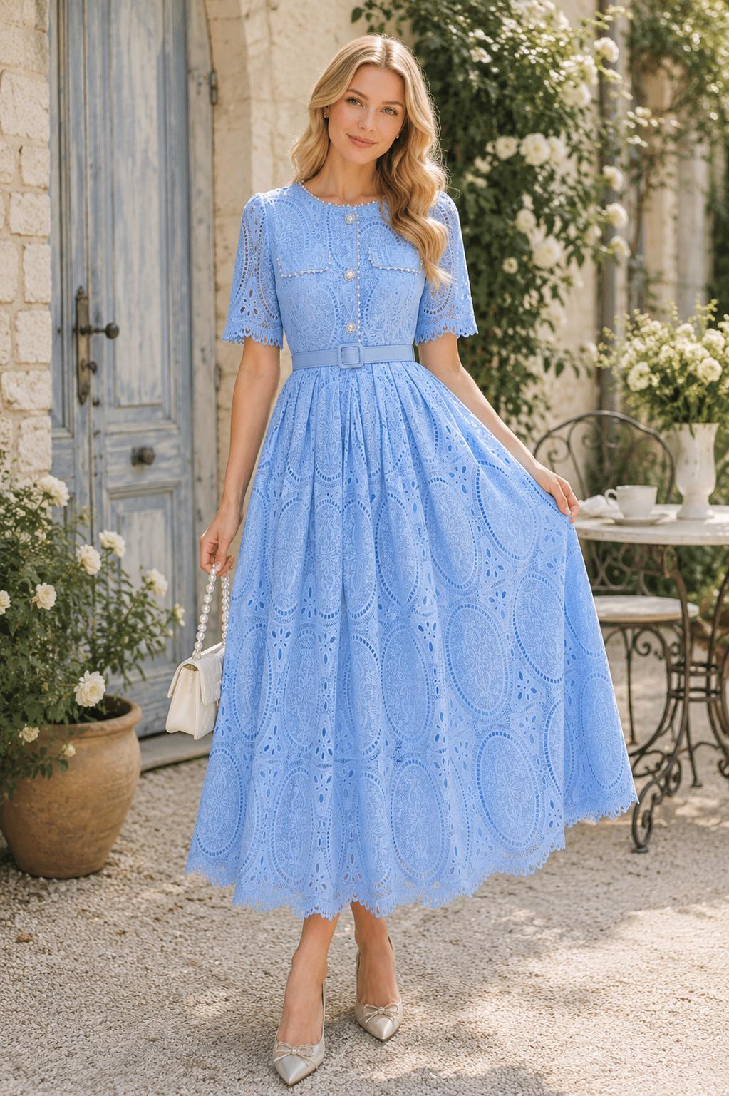 Round Neck Lace Dress High Waist A-Line Heavy Embellishment Ball Gown Summer Women