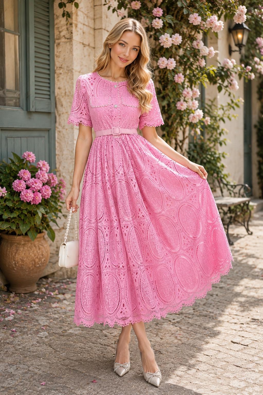 Round Neck Lace Dress High Waist A-Line Heavy Embellishment Ball Gown Summer Women